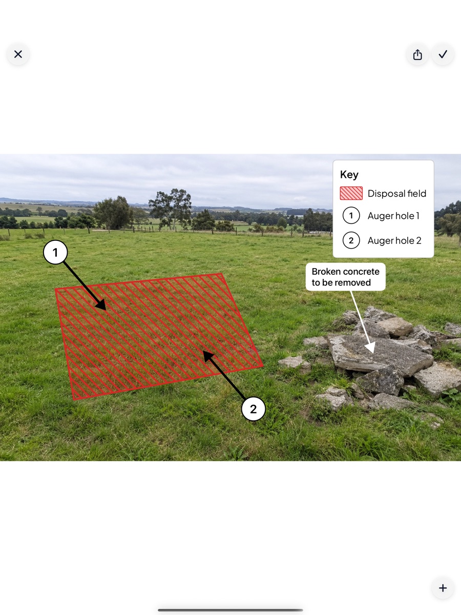 QuantaImages on iPad: a site photo annotated with a disposal field, numbered auger holes and a note about broken concrete